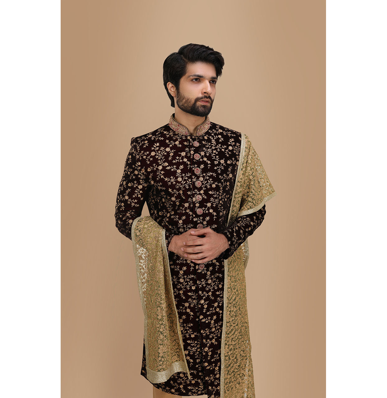 Maroon Embroidered Groom Sherwani image number 0